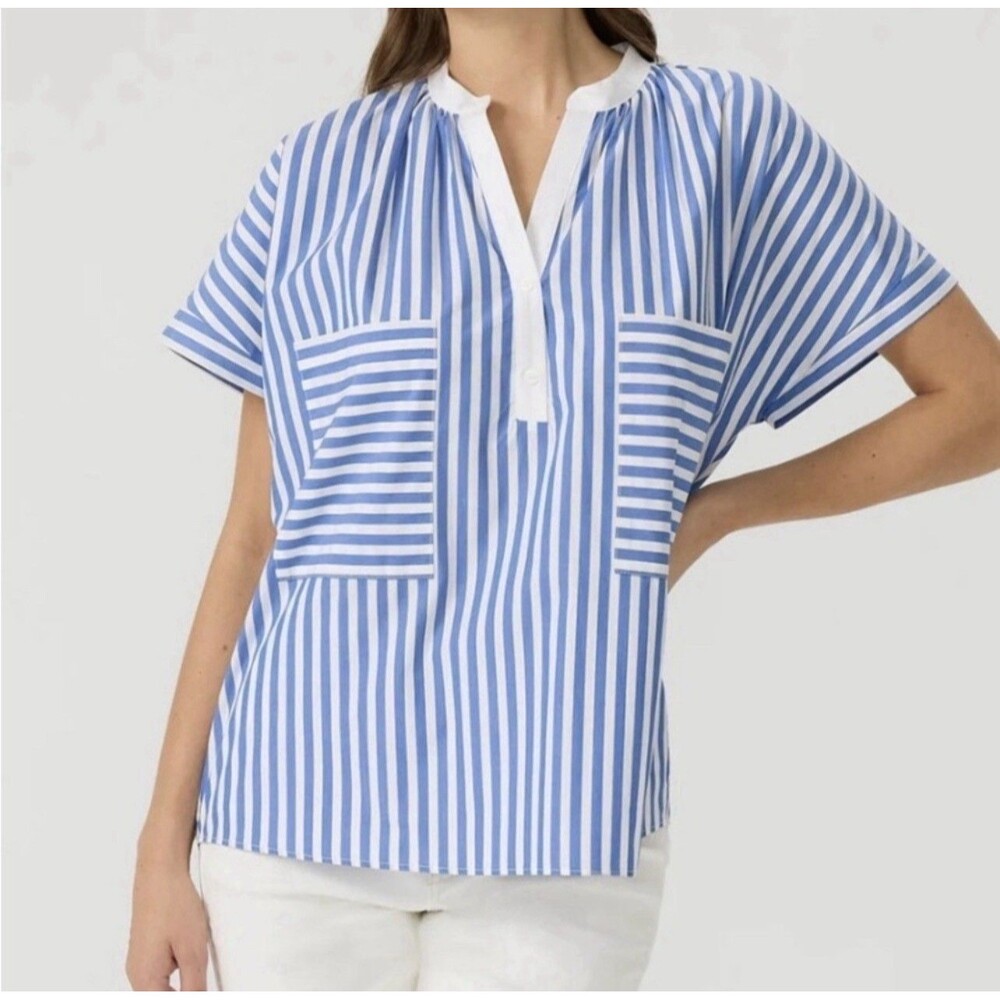 HARSHMAN New RANA POPOVER Shirt Blouse Top SMALL Blue White Indigo Stripe Cotton